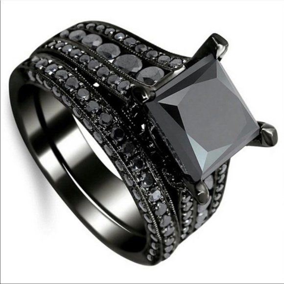 Princess cut black sapphire Sterling ring set - Picture 2 of 7